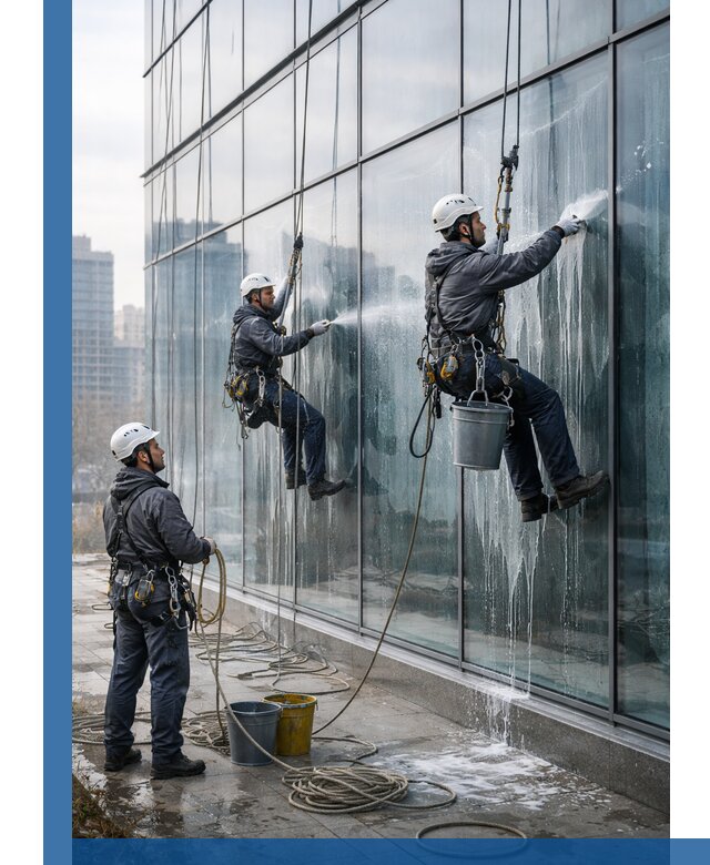 Промышленная мойка панорамных окон на высоте в Медногорске