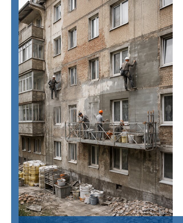 Капитальный ремонт фасада в Медногорске с восстановлением и гидроизоляцией