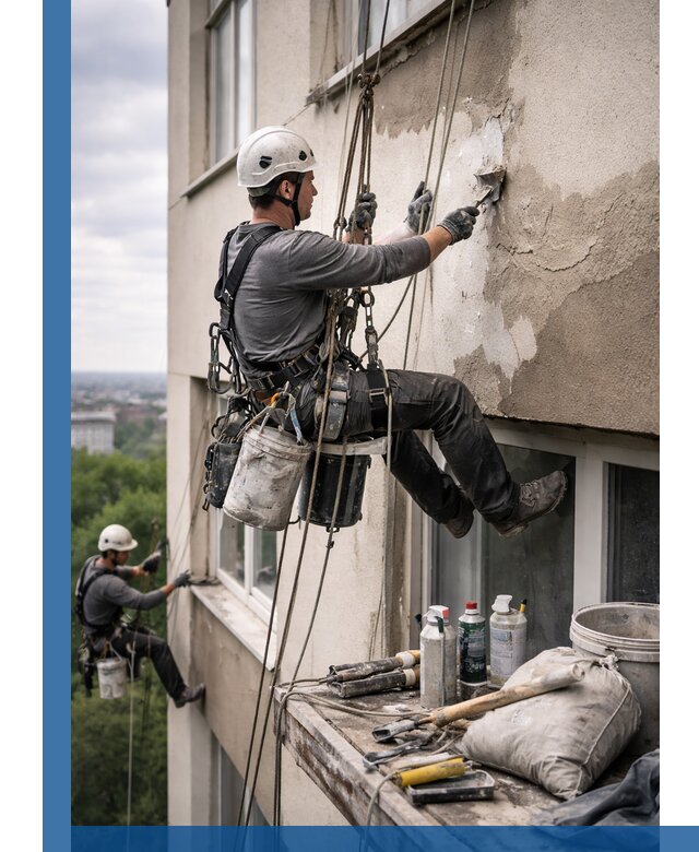 Косметический ремонт фасада зданий в Медногорске промышленными альпинистами