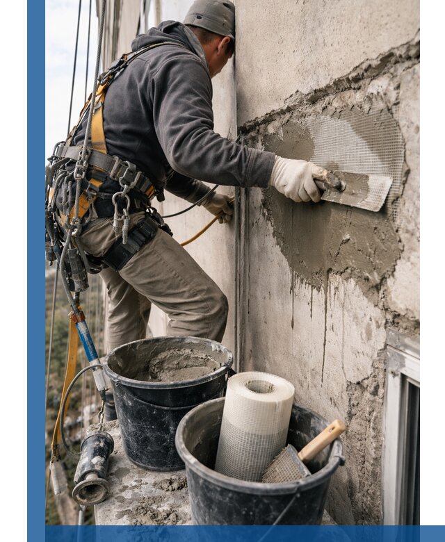 Ремонт бетонных элементов фасада промышленными альпинистами в Медногорске