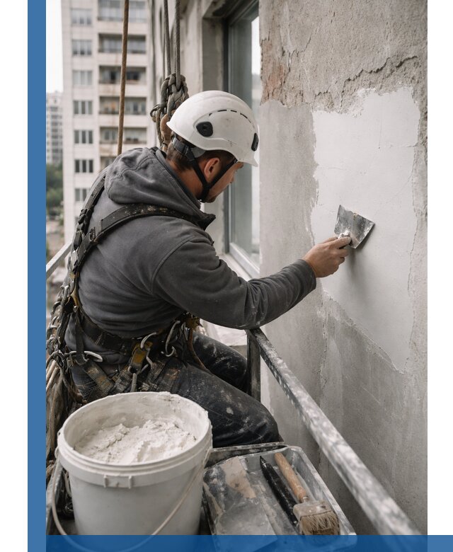 Шпаклевка фасадов на высоте с промальпинистами в Медногорске