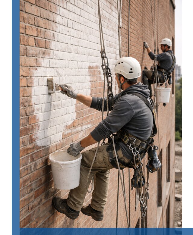 Покраска кирпичного фасада с доступным альпинистским сервисом в Медногорске