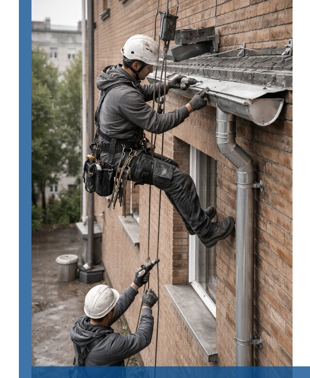 Монтаж водосточной системы на здании в Медногорске под ключ