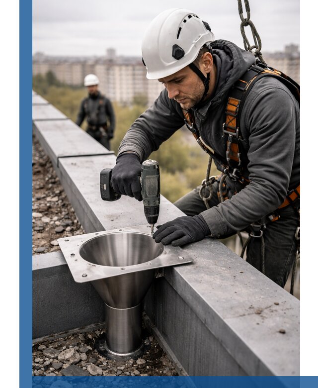 Монтаж водосточных воронок в Медногорске для промышленных зданий