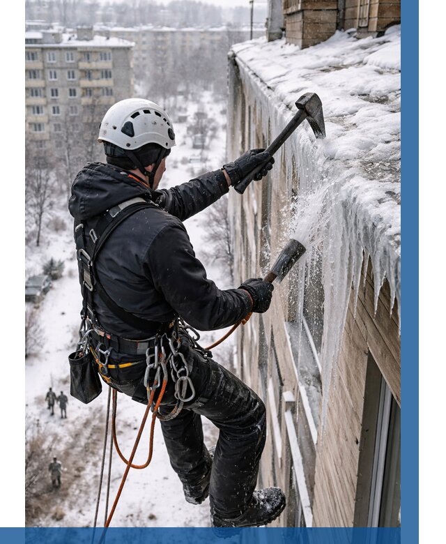 Сбивание сосулек с крыши в Медногорске по цене от 4577 р. | ВЫСОТНИК-Мдн