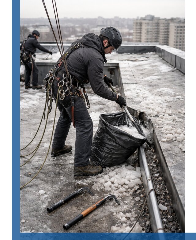 Аварийная очистка кровли в Медногорске от промальпинистов