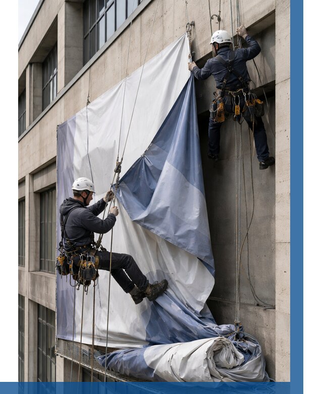 Демонтаж баннеров с фасада в Медногорске от 4577 р. | ВЫСОТНИК-Мдн