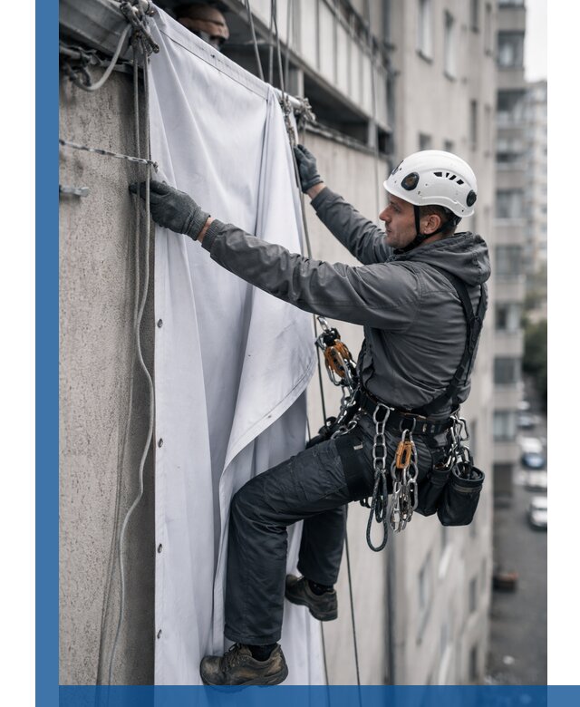 Замена баннерного полотна промышленными альпинистами в Медногорске
