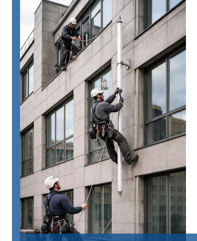 Монтаж флагштока на фасаде здания с креплением и герметикой в Медногорске