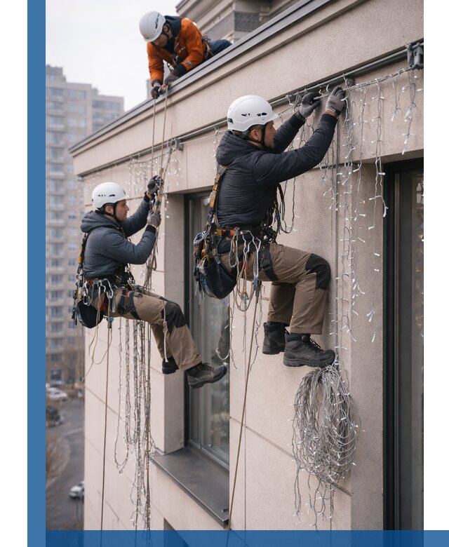 Монтаж праздничных гирлянд на фасаде в Медногорске для зданий