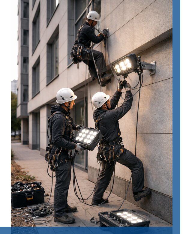 Монтаж прожекторов на фасаде в Медногорске от 7629 р. | ВЫСОТНИК-Мдн