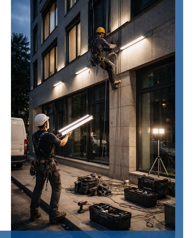 Монтаж архитектурной подсветки здания в Медногорске от 2543 р.|ВЫСОТНИК-Мдн