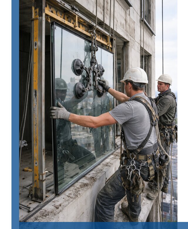 Монтаж стеклопакетов на высоте в Медногорске с промышленным альпинизмом