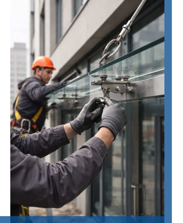 Монтаж стеклянных козырьков в Медногорске от 8646 р. | ВЫСОТНИК-Мдн