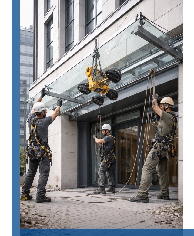 Монтаж стеклянных козырьков под ключ в Медногорске для зданий