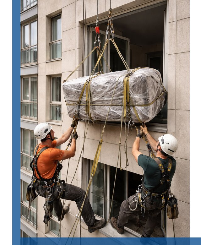 Подъем грузов через окно в Медногорске промышленными альпинистами