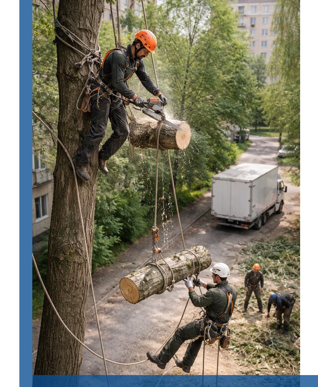 Спил деревьев альпинистами в Медногорске, безопасно и без повреждений