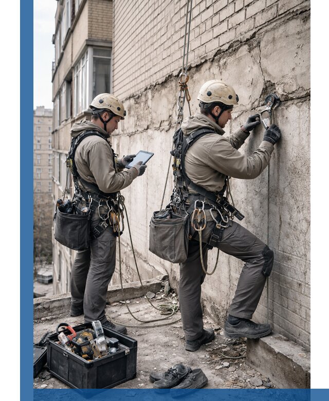 Обследование фасада промышленными альпинистами в Медногорске